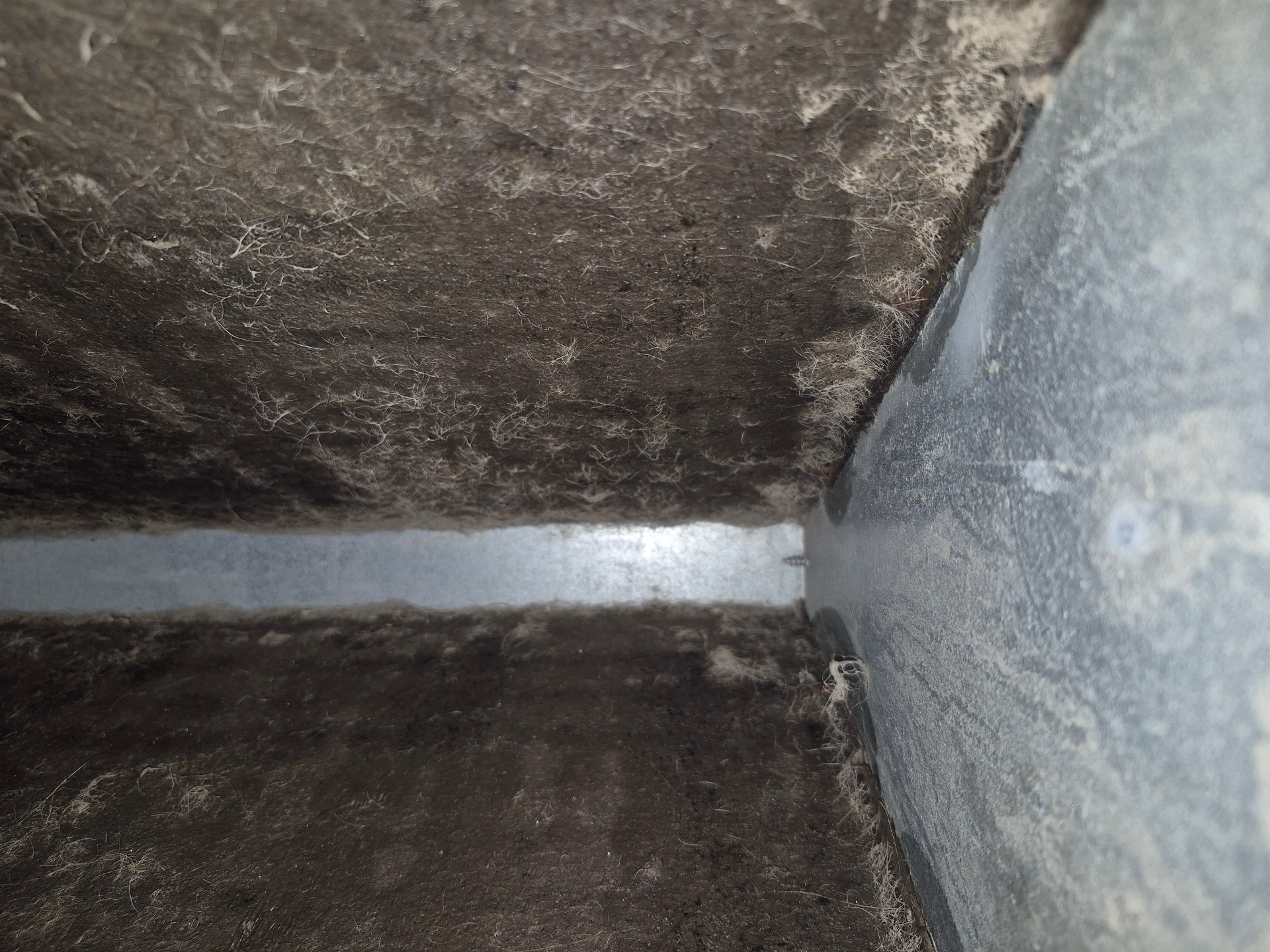 Evaporator coil surface covered with a heavy layer of dust and debris restricting airflow before cleaning
